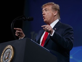 U.S. President Donald Trump speaks to the annual meeting of the National Rifle Association in Indianapolis, Friday, April 26, 2019.