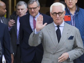 In this Thursday, March 14, 2019, file photo, Roger Stone, an associate of U.S. President Donald Trump, leaves U.S. District Court after a court status conference on his charges in Washington.