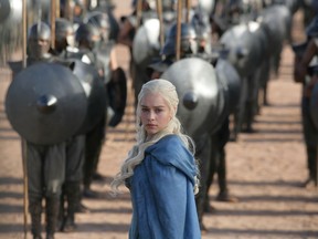 This image released by HBO shows Emilia Clarke in a scene from "Game of Thrones." The final season premieres on Sunday.