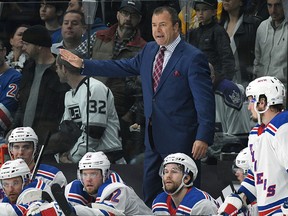 In this Jan. 21, 2018, file photo, New York Rangers coach Alain Vigneault gestures during the team's game against the Los Angeles Kings in Los Angeles. (AP Photo/Michael Owen Baker, File)