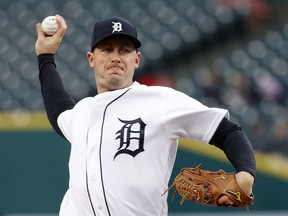 Detroit Tigers pitcher Jordan Zimmermann throws to a Chicago White Sox batter during the first inning of a baseball game in Detroit, Friday, April 19, 2019.