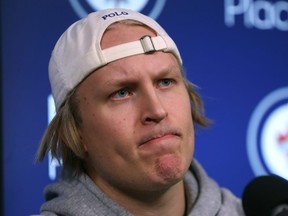 Patrick Laine addresses media as the Winnipeg Jets cleaned out their lockers at Bell MTS Place in Winnipeg on Mon., April 22, 2019. Kevin King/Winnipeg Sun/Postmedia Network