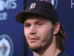 Jacob Trouba addresses media as the Winnipeg Jets cleaned out their lockers at Bell MTS Place in Winnipeg on Monday.