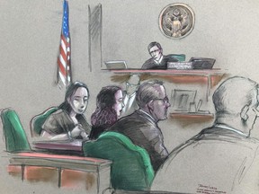 In this artist sketch, a Chinese woman, Yujing Zhang, left, listens to a hearing Monday, April 8, 2019, before federal Magistrate Judge William Matthewman in West Palm Beach, Fla.
