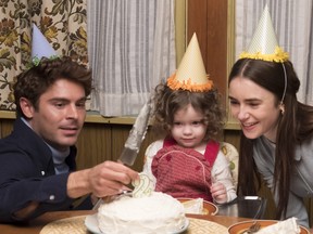 This image released by Netflix shows Zac Efron, left, and Lily Collins, right, in a scene from "Extremely Wicked, Shockingly Evil, and Vile." (Brian Douglas/Netflix via AP)