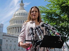 Canadian Foreign Minister Chrystia Freeland speaks to the press in front of the US Capitol following talks with US officials and lawmakers in Washington DC, on May 15, 2019.  NICHOLAS KAMM/AFP/Getty Images