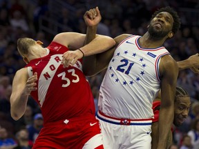 76ers’ Joel Embiid commits a flagrant foul on Raptors’ Marc Gasol in Game 6. If Embiid gets one more flagrant foul, he will be suspended for one game.