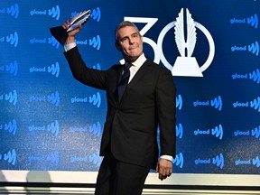 Andy Cohen celebrates on stage wth an award during the 30th Annual GLAAD Media Awards in partnership with Ketel One Family-Made Vodka, longstanding ally of the LGBTQ community on May 4, 2019 in New York City. (Astrid Stawiarz/Getty Images for Ketel One Family-Made Vodka)