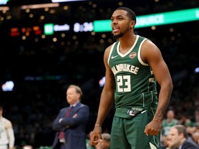 Sterling Brown of the Milwaukee Bucks celebrates during the second half of Game 4 of the Eastern Conference Semifinals against the Boston Celtics during the 2019 NBA Playoffs at TD Garden on May 06, 2019 in Boston, Massachusetts.