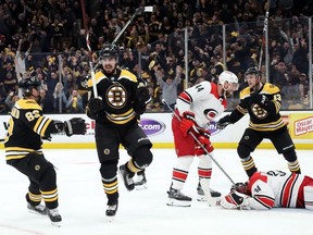 Marcus Johansson #90 of the Boston Bruins celebrates after scoring a third period goal against the Carolina Hurricanes in Game One of the Eastern Conference Final during the 2019 NHL Stanley Cup Playoffs at TD Garden on May 09, 2019 in Boston, Massachusetts.