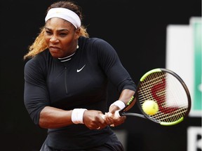 Serena Williams of the USA hits a backhand during her first round match agains Rebecca Petersen of Sweden during day two of the International BNL d'Italia at Foro Italico on May 13, 2019 in Rome, Italy.