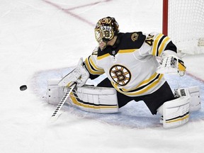 Tuukka Rask #40 of the Boston Bruins makes a save against the Carolina Hurricanes during the third period in Game Three of the Eastern Conference Finals during the 2019 NHL Stanley Cup Playoffs at PNC Arena on May 14, 2019 in Raleigh, North Carolina.