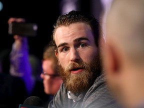 Ryan O'Reilly of the St. Louis Blues speaks during Media Day ahead of the 2019 NHL Stanley Cup Final at TD Garden on May 26, 2019 in Boston, Massachusetts.