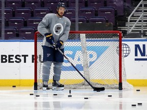 Michael Del Zotto of the St. Louis Blues looks on during a practice session ahead of Game 3 of the Stanley Cup final at Enterprise Center on in St. Louis yesterday.