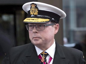 Vice-Admiral Mark Norman speaks briefly to reporters as he leaves the courthouse in Ottawa following his first appearance for his trial for breach of trust, April 10, 2018.