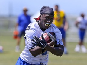 Winnipeg Blue Bombers wide receiver Lucky Whiteheadpulls in a pass during a team mini -camp at IMG Academy in Bradenton Florida on Wednesday, April 24, 2019.