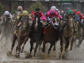 Luis Saez riding Maximum Security, second from right, goes around turn four with Flavien Prat riding Country House, left, Tyler Gaffalione riding War of Will and John Velazquez riding Code of Honor, right, during the 145th running of the Kentucky Derby horse race at Churchill Downs Saturday, May 4, 2019, in Louisville, Ky. (AP Photo/John Minchillo)