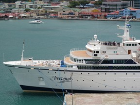 The Freewinds cruise ship is docked in the port of Castries, the capital of St. Lucia, Thursday, May 2, 2019. (AP Photo/Bradley Lacan)