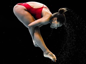 Jennifer Abel of Canada compete in Women 3m Springboard semifinal of Diving World Series at Water Cube on March 8, 2019 in Beijing, China.