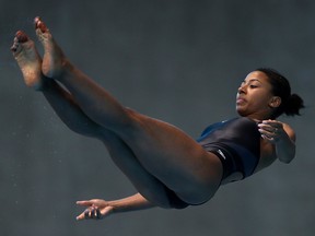 Jennifer Abel of Canada in her Women's 3m Springboard semi-final during day three of the FINA/CNSG Diving World Series at Aquatics Centre on May 19, 2019 in London, England.