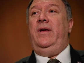 US Secretary of State Mike Pompeo talks to the press on the sidelines of the Arctic Council ministers' working dinner at a hotel in Rovaniemi, Finland on May 6, 2019.