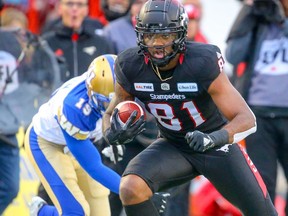 Chris Matthews makes a catch for the Calgary Stampeders in front of Kyrie Wilson of the Winnipeg Blue Bombers during the 2018 CFL Western Final in Calgary on Sunday, November 18, 2018. The Bombers announced the signing of Matthews on Friday, May 10, 2019. Al Charest/Calgary Sun/Postmedia Network