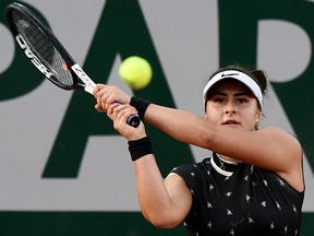 Canada's Bianca Andreescu plays a return to Marie Bouzkova during their first-round match at the French Open in Paris on May 27, 2019. (PHILIPPE LOPEZ/AFP/Getty Images)