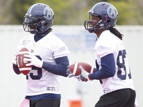 Toronto Argonauts S.J. Green (19) and teammate Derel Walker (87) in the end zone at the first week of training camp in Toronto, Ont. on Monday May 20, 2019. Jack Boland/Toronto Sun/Postmedia Network