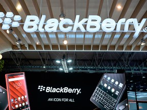 The BlackBerry logo is displayed at the Mobile World Congress (MWC) in Barcelona on Feb. 27, 2019.