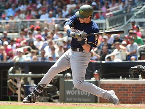 Christian Yelich of the Milwaukee Brewers bats against the Atlanta Braves at SunTrust Park on May 19, 2019 in Atlanta, Ga.
