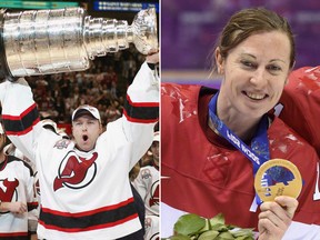 New Jersey Devils goaltender Martin Brodeur (L) hoists the Stanley Cup on June 9, 2003, in East Rutherford, N.J. Team Canada's Jayna Hefford (R) shows off her gold medal at the Sochi Winter Olympics in Sochi, Russia, on Feb. 21, 2014.