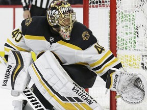 Boston Bruins goalie Tuukka Rask defends the goal against the Carolina Hurricanes during the second period in Game 4 of the NHL hockey Stanley Cup Eastern Conference finals in Raleigh, N.C., Thursday, May 16, 2019. (AP Photo/Gerry Broome)