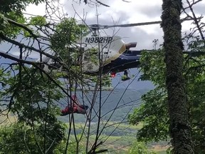 This Tuesday, May 21, 2019, image from video released by the California Highway Patrol, shows the scene where a woman was rescued after the car she was driving plunged 450 feet down a cliff and a bicyclist just happened to witness the accident in Napa, Calif.