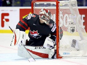 Canada goaltender Carter Hart in action against Denmark during the IIHF Ice Hockey World Championship at Steel Arena in Kosice, Slovakia, on Monday, May 20, 2019.