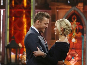 This image released by ABC shows Chris Soules, left, and Whitney Bischoff during the finale of the reality dating competition series "The Bachelor," which aired on Monday, March 9, 2015.