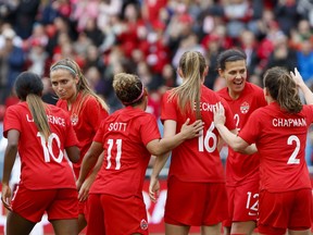 Canada's Shelina Zadorsky (4) and Christine Sinclair (12) celebrate a goal by midfielder Jessie Fleming (17) with teammates during a women's international friendly against Mexico at BMO Field in Toronto, Saturday, May 18, 2019.