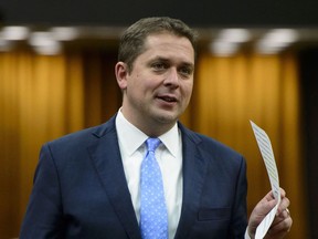 Conservative Leader Andrew Scheer stands during question period in the House of Commons on Parliament Hill in Ottawa on Wednesday, May 8, 2019.