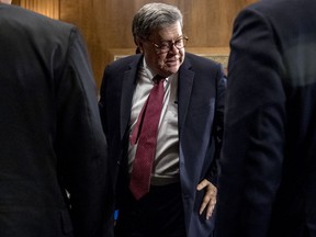 Attorney General William Barr departs after testifying at a Senate Judiciary Committee hearing on Capitol Hill in Washington, Wednesday, May 1, 2019, on the Mueller report.