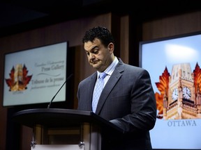 Dean Del Mastro, former member of Parliament for Peterborough, holds a press conference on Parliament Hill in Ottawa on Thursday, May 9, 2019.