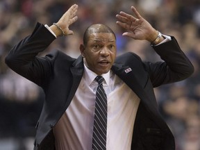 Clippers head coach Doc Rivers reacts during NBA action in Toronto on Feb. 6, 2017.