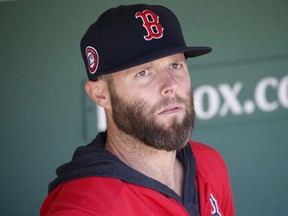 Red Sox player Dustin Pedroia looks out from the dugout before a game against the Indians, Monday, May 27, 2019, in Boston.