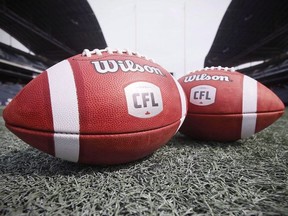 New CFL balls are photographed at the Winnipeg Blue Bombers stadium in Winnipeg Thursday, May 24, 2018.