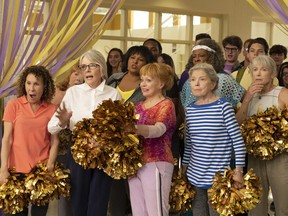 This image released by STXfilms shows Rhea Perlman, from foreground left, Diane Keaton, Jacki Weaver and Phyllis Somerville in a scene from "Poms." (STXfilms via AP)