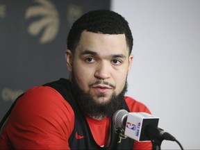 The Toronto Raptors' Fred VanVleet answers questions from the media after practice on Tuesday.