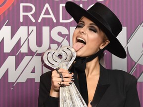 Bebe Rexha, co-winner of Country Song of the Year for "Meant to Be," poses in the press room during the 2019 iHeartRadio Music Awards which broadcasted live on FOX at Microsoft Theater on March 14, 2019 in Los Angeles, Calif. (Frazer Harrison/Getty Images)