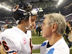 Jay Cutler #6 of the Chicago Bears talks with Detroit Lions defensive Coordinator Gunther Cunningham after the game at Ford Field on October 10, 2011 in Detroit, Michigan.
