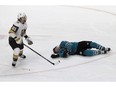 San Jose Sharks center Joe Pavelski, right, lies on the ice next to Vegas Golden Knights center Cody Eakin during the third period of Game 7 of an NHL hockey first-round playoff series in San Jose, Calif., Tuesday, April 23, 2019. NHL players and coaches were split Wednesday on whether changes are needed to video review protocol a day after a major penalty played a dramatic role in San Jose's Game 7 victory over Vegas.