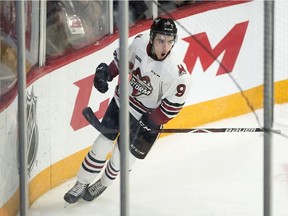 Guelph Storm's Nick Suzuki celebrates after he scored against the Prince Albert Raiders in first period Memorial Cup action in Halifax on Tuesday, May 21, 2019.