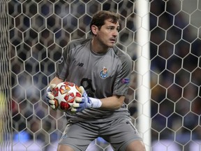 Porto goalkeeper Iker Casillas holds the ball during the Champions League quarterfinals, 2nd leg, match between FC Porto and Liverpool at the Dragao stadium in Porto, Portugal, April 17, 2019.