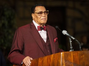 Minister Louis Farrakhan, of the Nation of Islam, pauses as he speaks at Saint Sabina Church in Chicago on Thursday night, May 9, 2019.